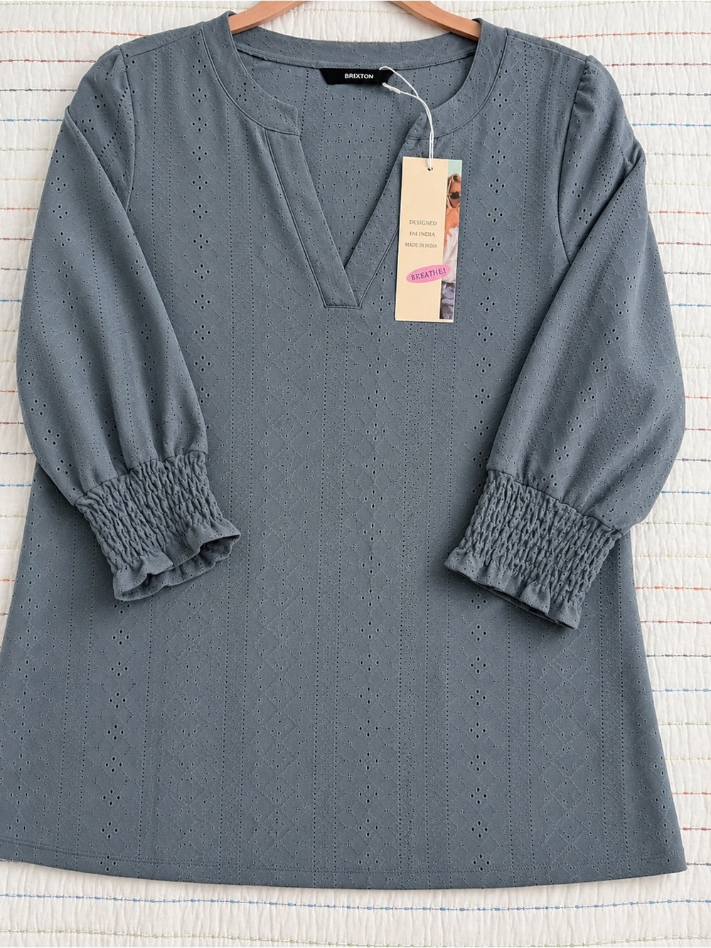 Brixton Slate Eyelet V-Notch Tunic in Dusty Blue